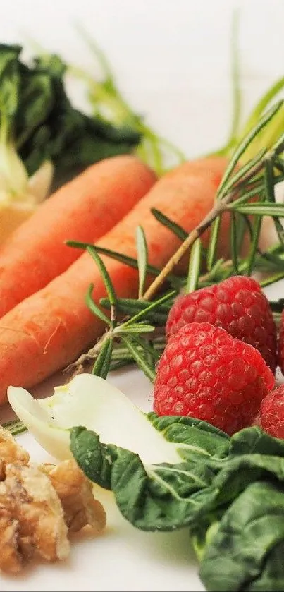 Fresh carrots, raspberries, and greens with nuts.