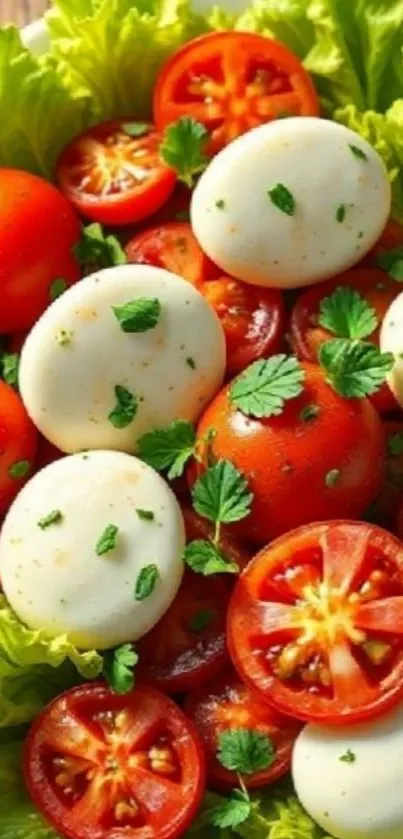 Vibrant salad with eggs and tomatoes on greens.