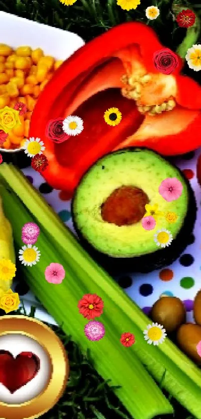 A vibrant display of fresh vegetables on grass.