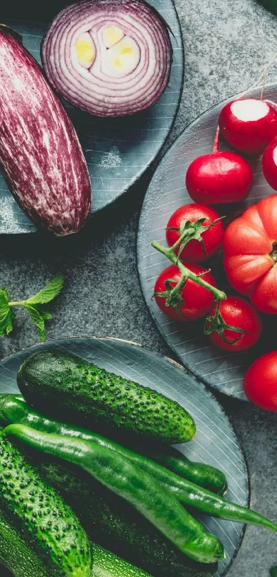 Vibrant wall of fresh vegetables including tomatoes and cucumbers on rustic plates.