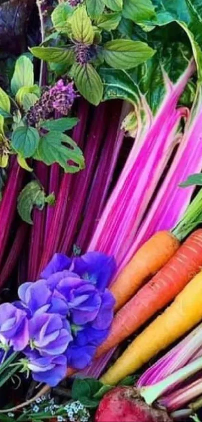 Vibrant display of fresh garden vegetables in colorful arrangement.