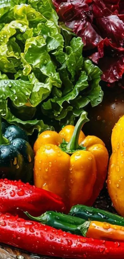 Colorful vegetables including peppers and lettuce with water droplets.