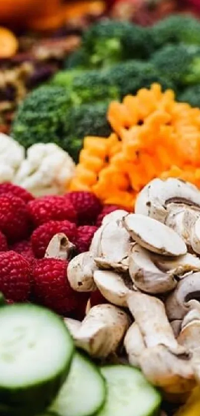 Mobile wallpaper featuring vibrant colorful fruits and vegetables like mushrooms and raspberries.