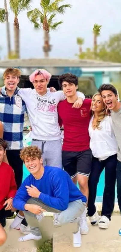 Group of friends smiling by the pool.