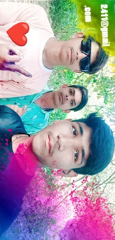 Youthful and vibrant friends selfie with colorful background.