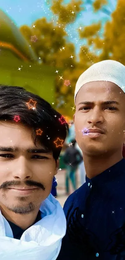 Two friends with colorful star effects in vibrant wallpaper.