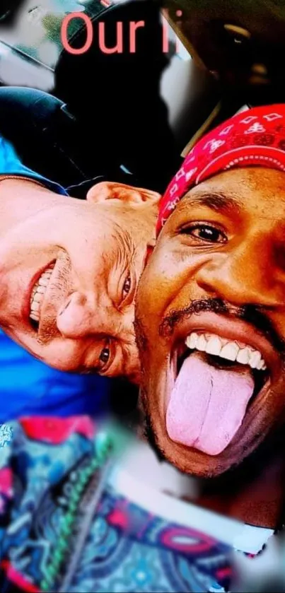 Joyful friends taking a colorful selfie in a car, showcasing vibrant emotions.