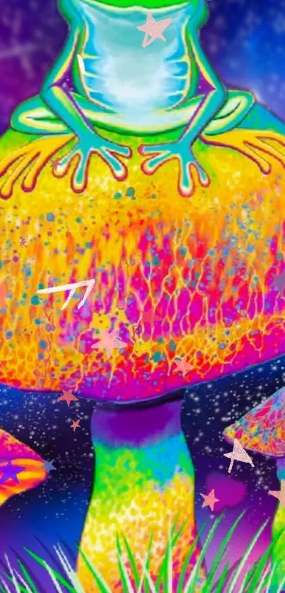 Vibrant frog on colorful mushroom with galaxy background.