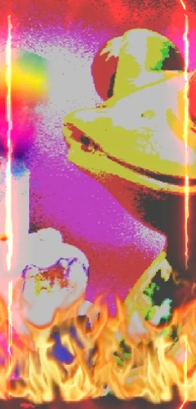 Frog with fiery cupcake in vibrant colors.