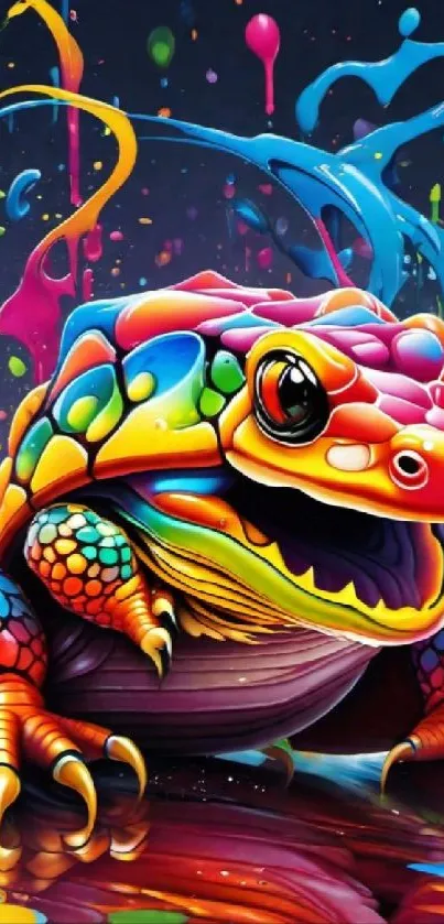 Vibrant and colorful frog art with abstract splashes in a dynamic design.