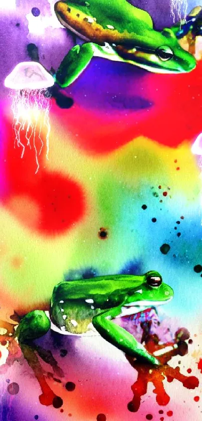 Vibrant watercolor frogs on a colorful abstract background.