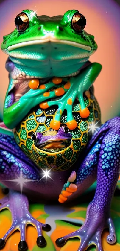 Vibrant frog art with colorful patterns.