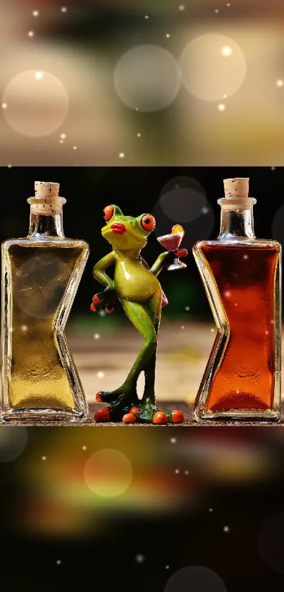 Whimsical frog holding a cocktail between two vintage bottles.