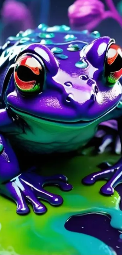 Colorful digital art of a vibrant frog with purple hues.