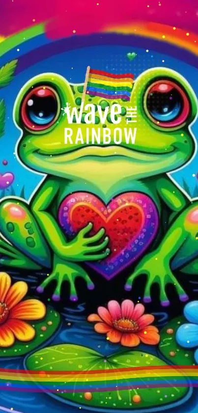 Colorful frog holding heart amid flowers with rainbow hues.