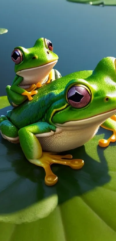 Two vibrant green frogs on a lily pad with water background.