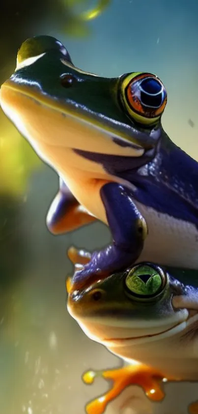 Colorful frogs perched together in a vibrant natural setting.