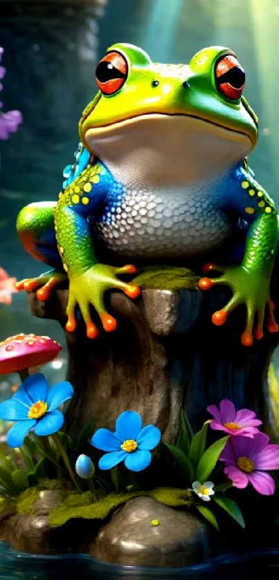 Vibrant frog amidst colorful flowers in a fantasy art setting.