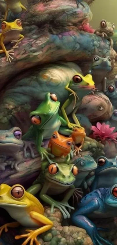 Group of colorful frogs in a digital art piece.