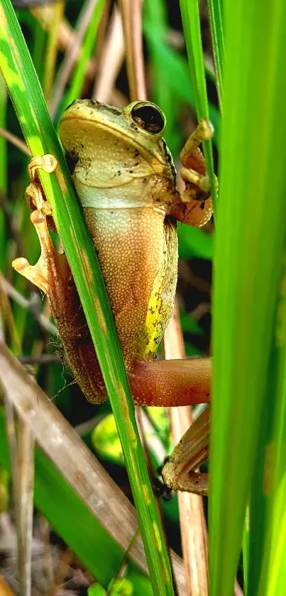 A vibrant frog hiding among lush green reeds.