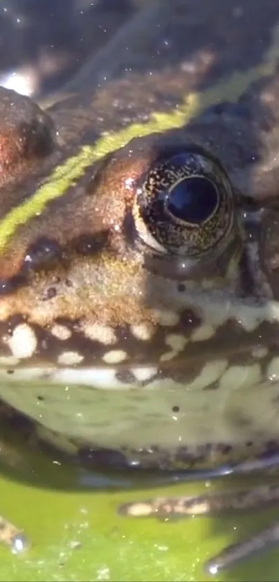 Close-up of a green frog in water with natural sunlight.