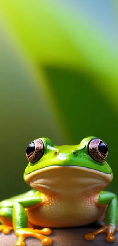 Bright green frog on rock with blurred nature background.