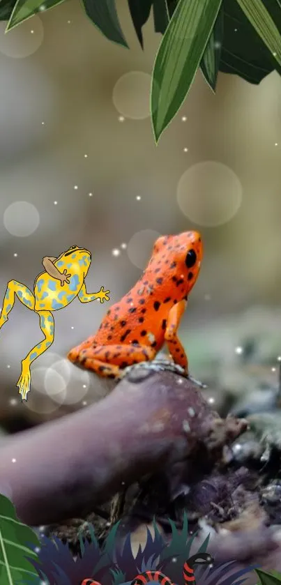 Vivid orange frog on a forest floor with a leafy bokeh background.