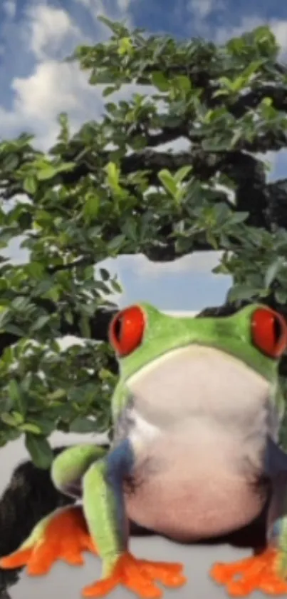 Colorful tree frog with vibrant leaves.