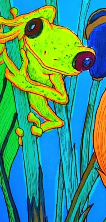 Vibrant frog on blue leaves mobile wallpaper.