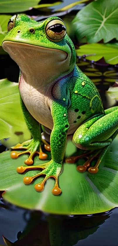 Colorful frog sitting on a green lily pad in natural mobile wallpaper.