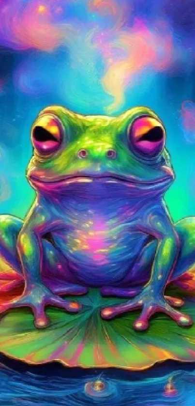 Vibrant neon frog sitting on a lily pad.