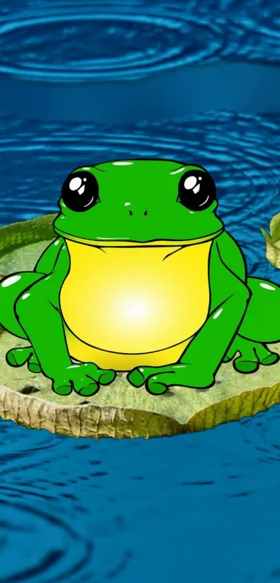 Illustrated green frog sitting on a lily pad against a blue water background.