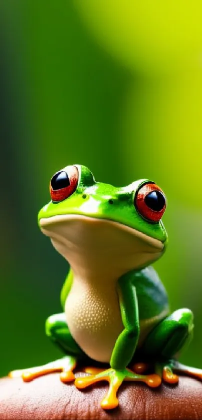 A vibrant green frog perched on a mushroom with a lush green background.