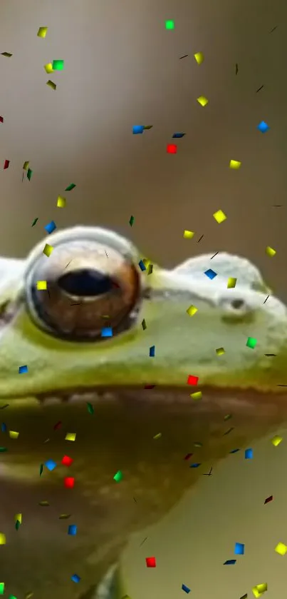 Close-up of a frog with colorful confetti.