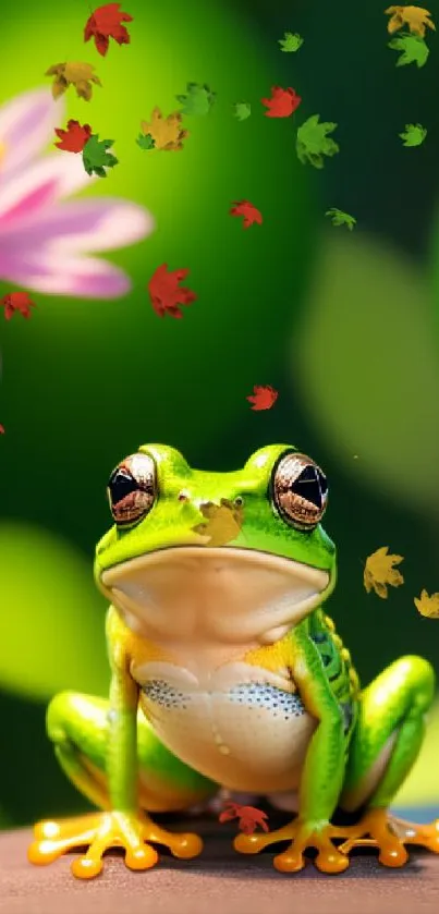 Green frog sits with pink flower and bokeh background.