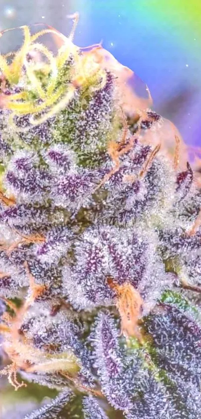 Close-up of a frosted cannabis bud in vibrant colors and a rainbow glow.