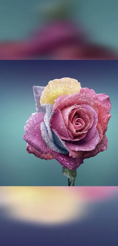Beautiful frosted rose with vibrant colors against a muted teal background.