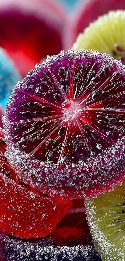 Closeup of vibrant, frosted citrus slices in bold colors.