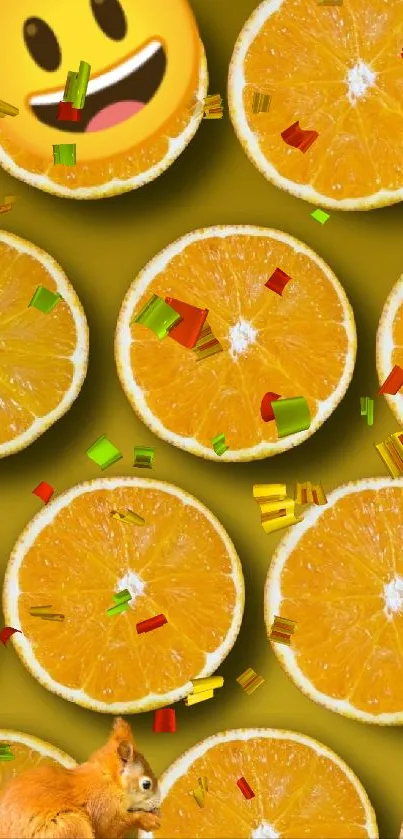 Mobile wallpaper with orange slices, an emoji, and a squirrel.