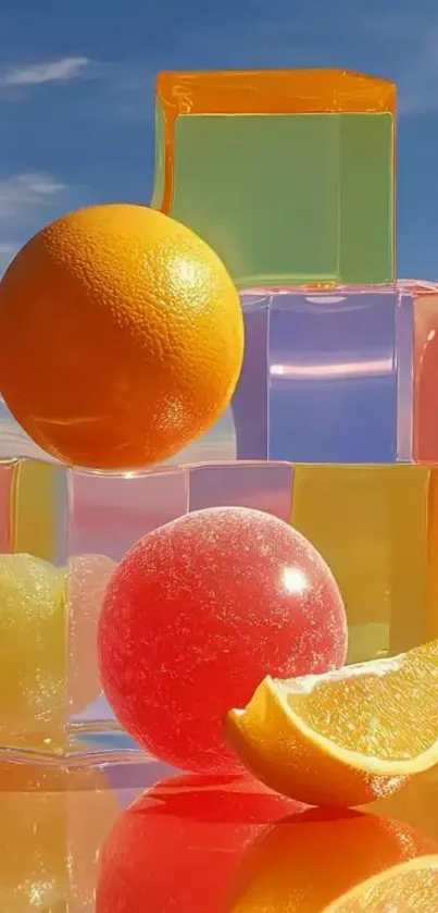 Colorful arrangement of fruits and translucent blocks against a sky backdrop.