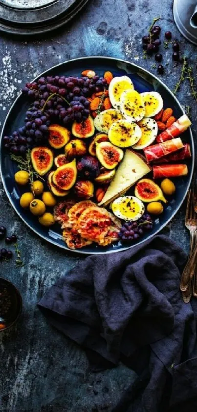 Vibrant assortment of fruits and cheese on a rustic table, perfect as a mobile wallpaper.