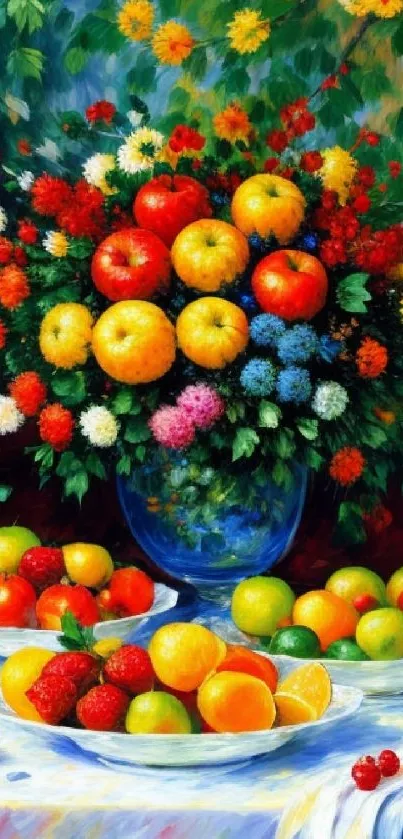 Vibrant bouquet of flowers with fruits on a table.