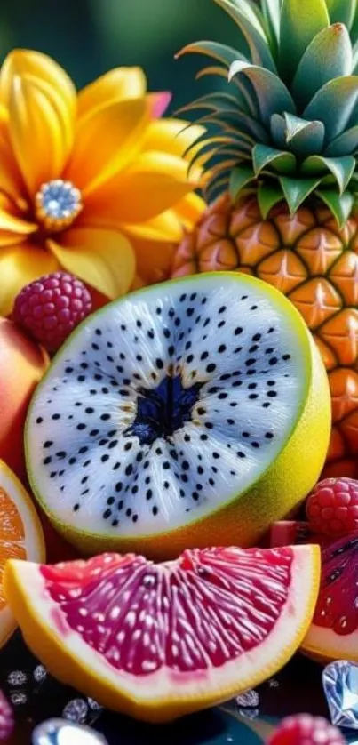 Colorful fruits and vibrant flowers mobile wallpaper.