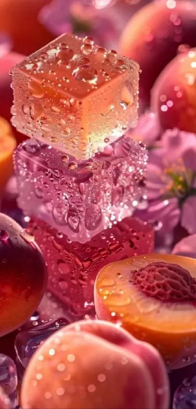 Stack of ice cubes with vibrant peaches and flowers.