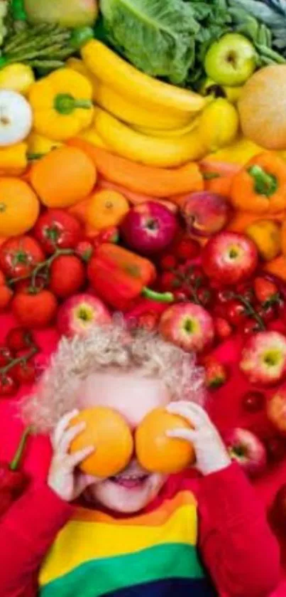 Joyful child in rainbow shirt with vibrant fruits around.