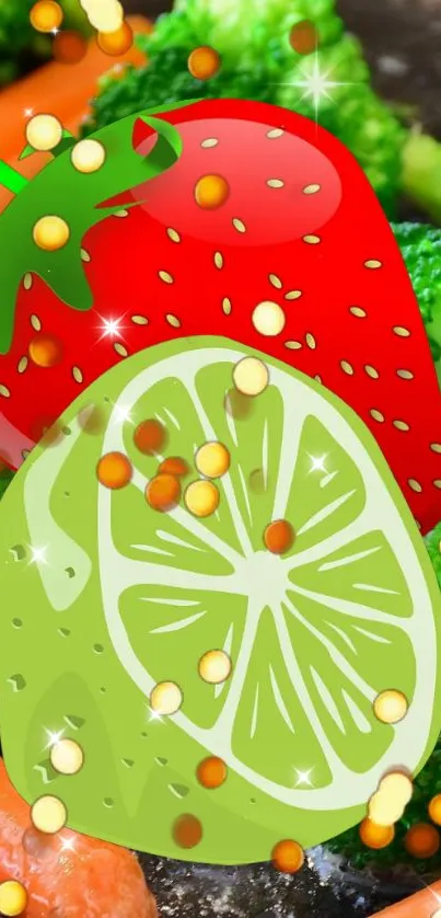 Vibrant fruit and vegetable phone wallpaper with lime and strawberry design.