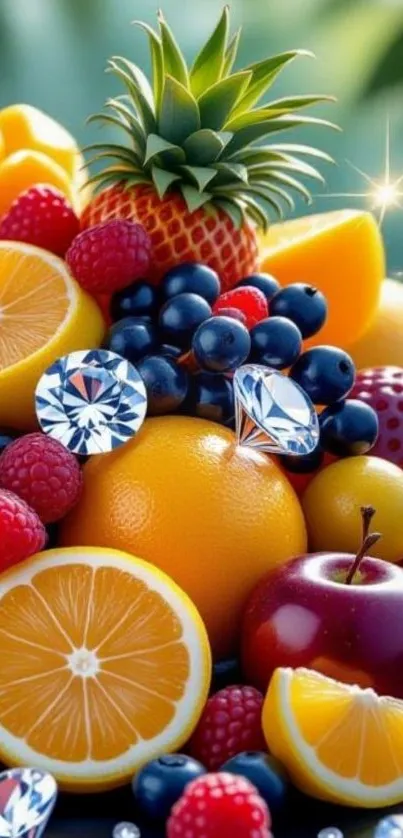 Colorful fruit arrangement with sparkles, including oranges and berries.