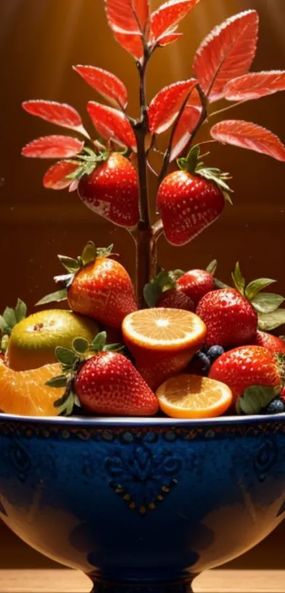 Vibrant fruit art with strawberries and oranges in blue bowl.