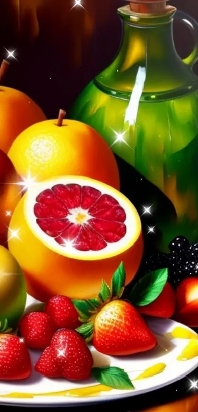 Vibrant fruit art wallpaper with apples, oranges, strawberries, and a green bottle.