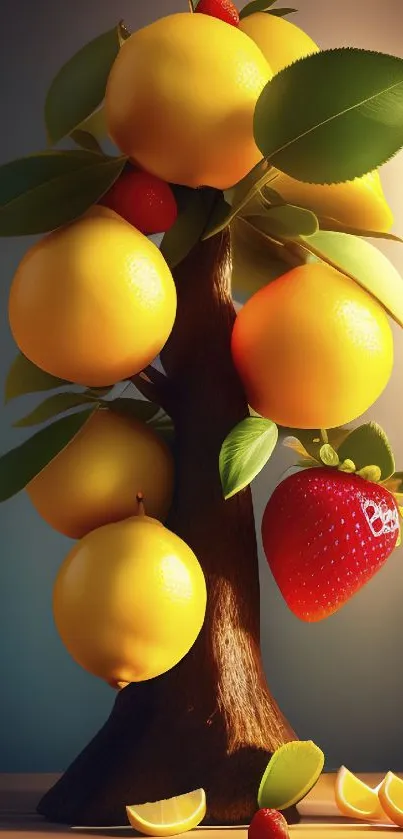 Colorful fruit tree with lemons and strawberries.